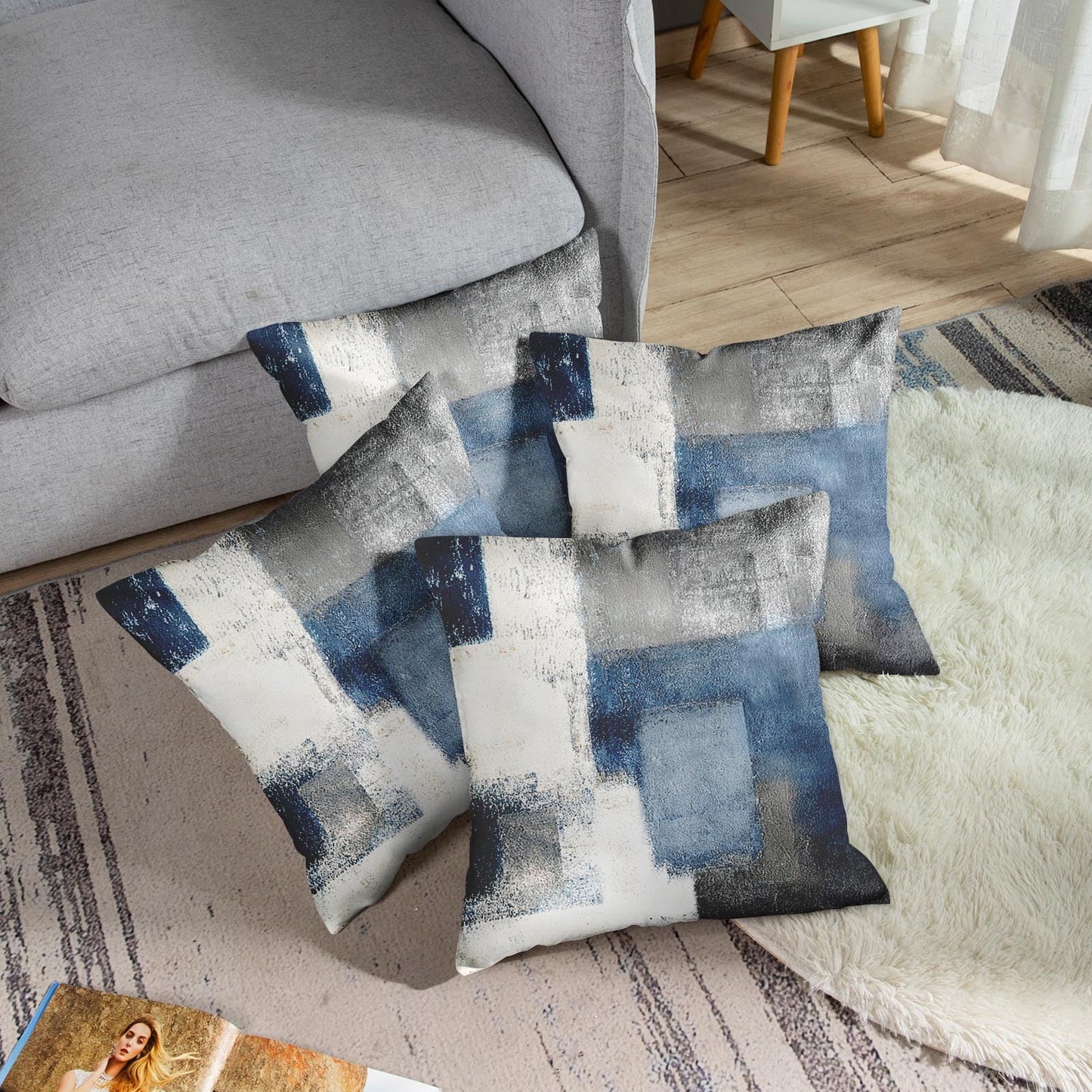 Taysta 2PC Lumbar Decor Throw Pillow Covers Blue and Grey Cushions Rectangle Design Abstract Art Painting Style Modern Contemporary Home Decorative Cushion Pillow Cases 18" x 18" Pillowcases