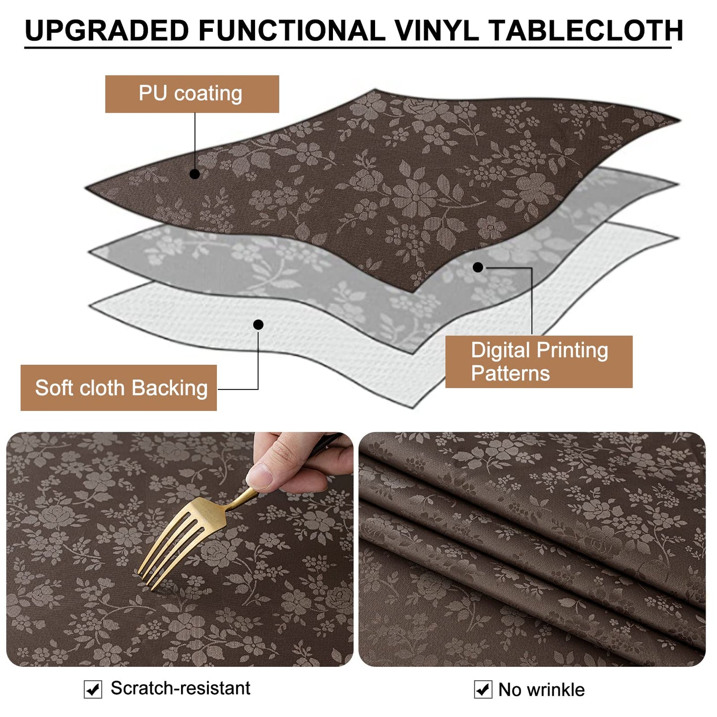 Smiry Rectangle Table Cloth, Waterproof Heavy Duty Vinyl Tablecloths, Wipeable Washable Table Cover for Kitchen and Dining Room (Coffee, 70" X 120")