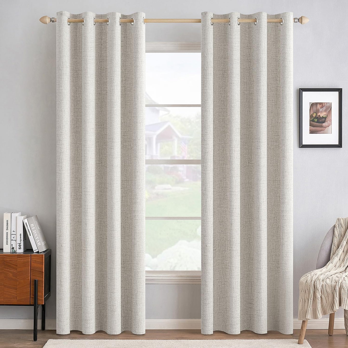 MIULEE 100% Blackout Linen Textured Curtains - Solid Thermal Insulated Cream White Drapes | 52 x 108 Inch (2 Panels)
