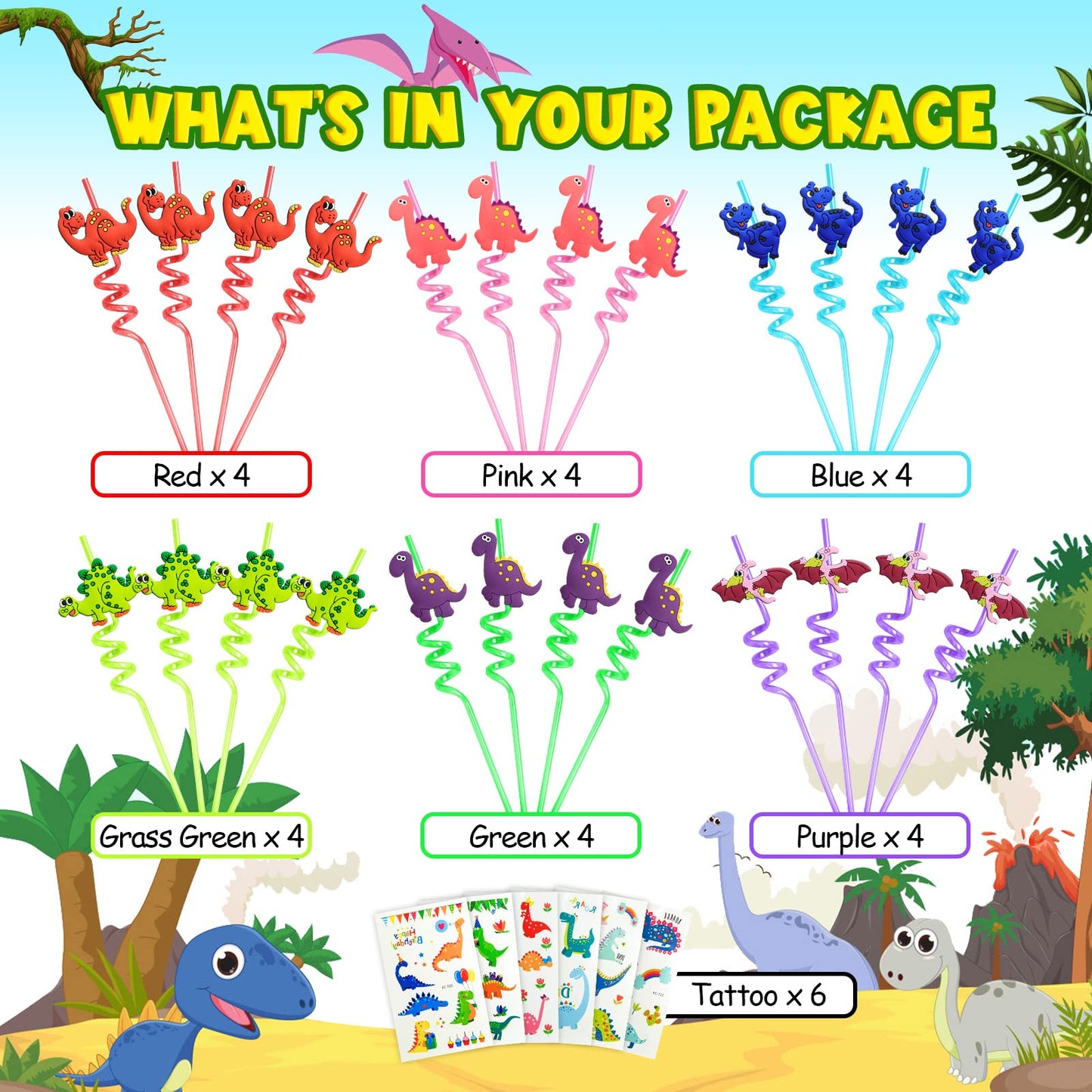 FZR Legend 24 Reusable Dinosaur Drinking Plastic Straws + 6 Dinosaur Temporary Tattoos for Kids Girls Boys | Dinosaur Birthday Party Supplies Three Rex Party Favors Decorations with Cleaning Brush