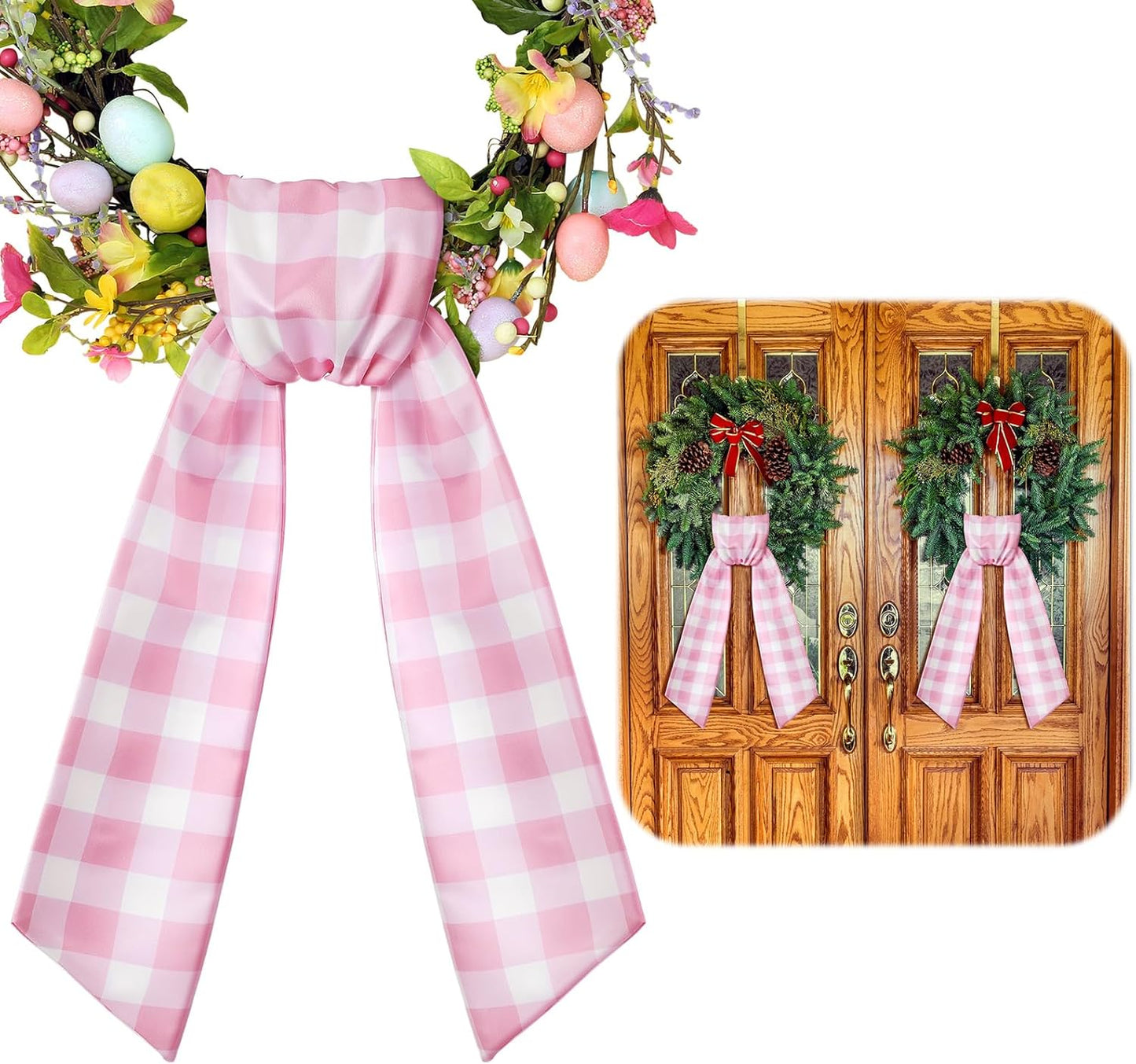VitalCozy Wreath Sash Set - Chinoiserie Easter & Spring Decor | 4.5" W x 56" L (Pink Grid)
