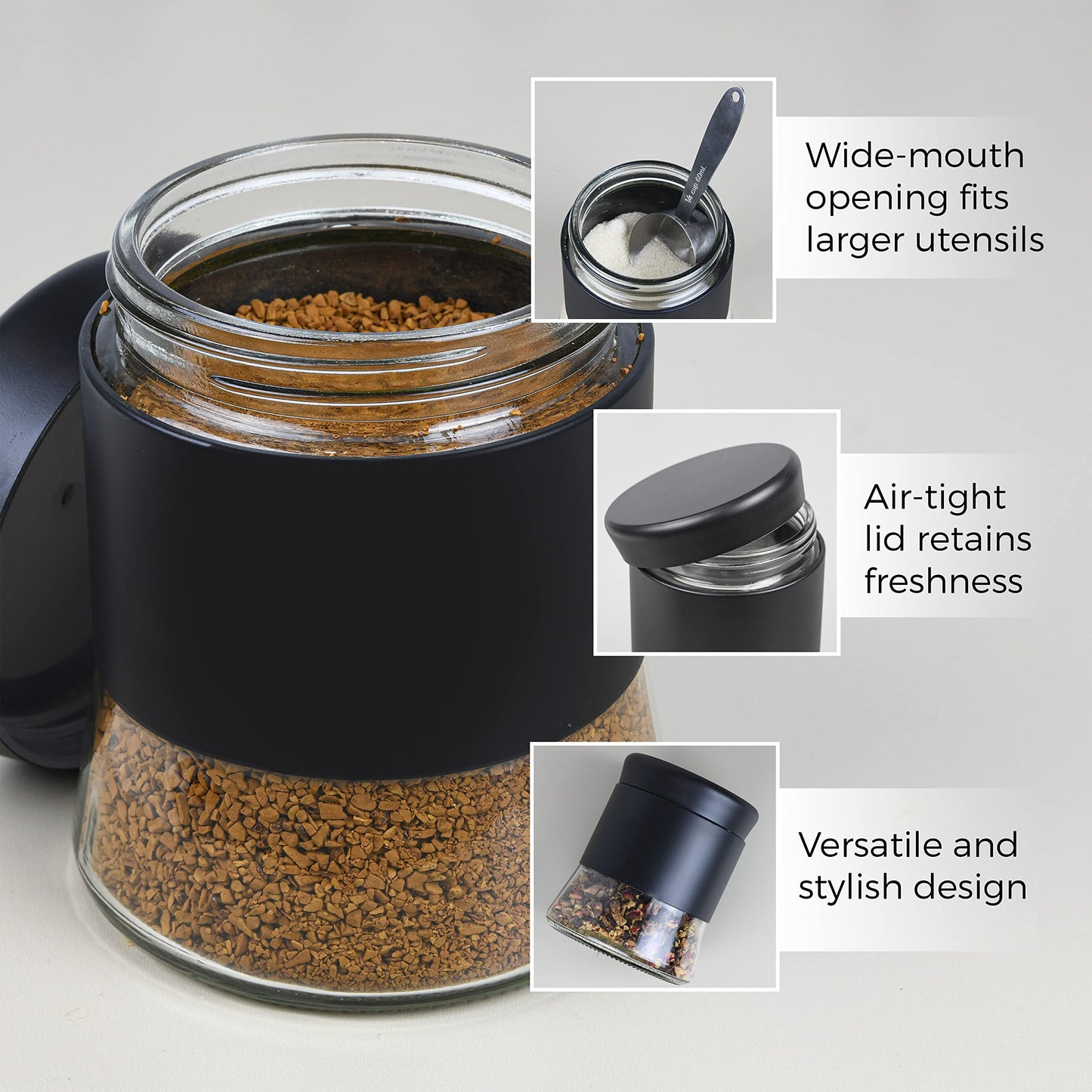 GADGETWIZ Sugar Tea Coffee Containers Set, Black Canisters for Kitchen, Stainless Steel Apothecary Jar, Home Décor Centerpiece Decorative Kitchen. 26 OZ