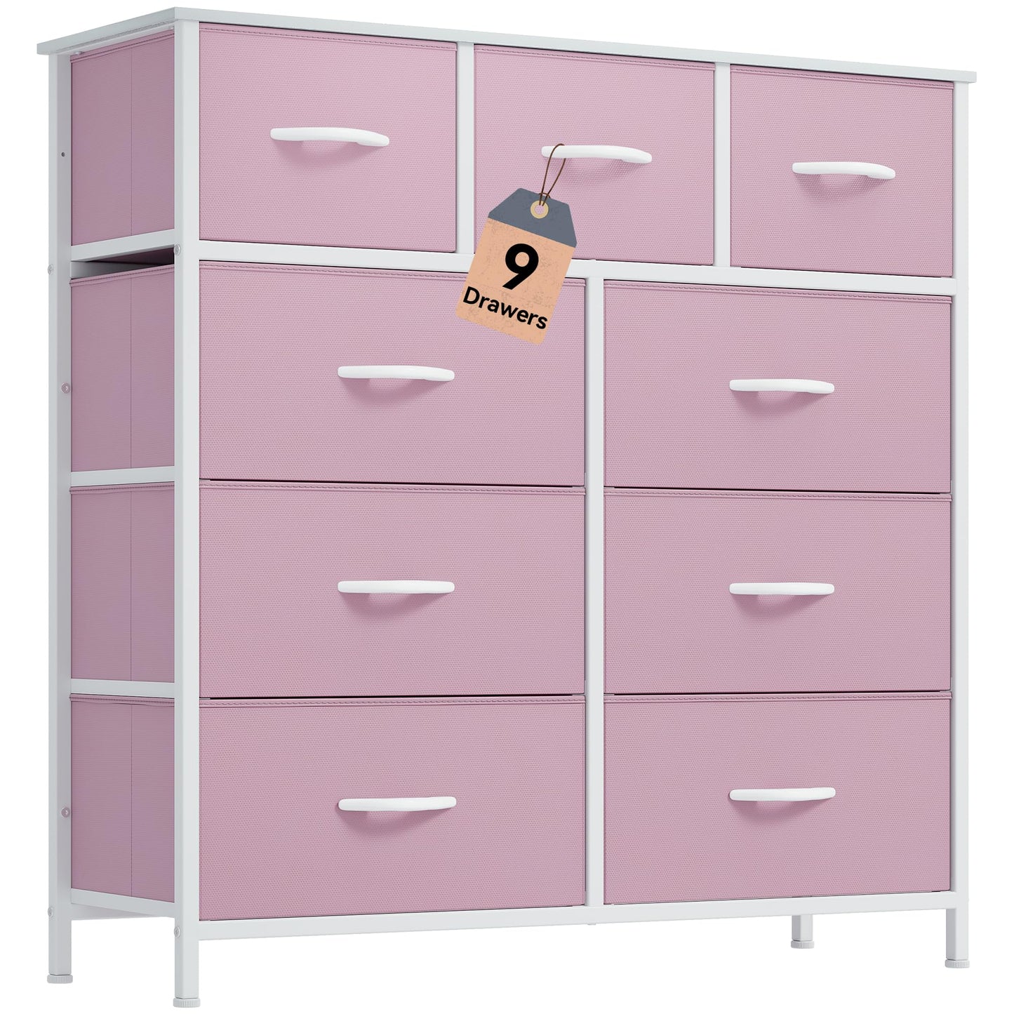 DWVO Dresser with 9 Drawers, Fabric Storage Dresser, Closet Dresser & Chest of Drawers for Living Room, Closets - Sturdy Steel Frame, Wooden Top & Easy Pull Fabric Bins(Pink)