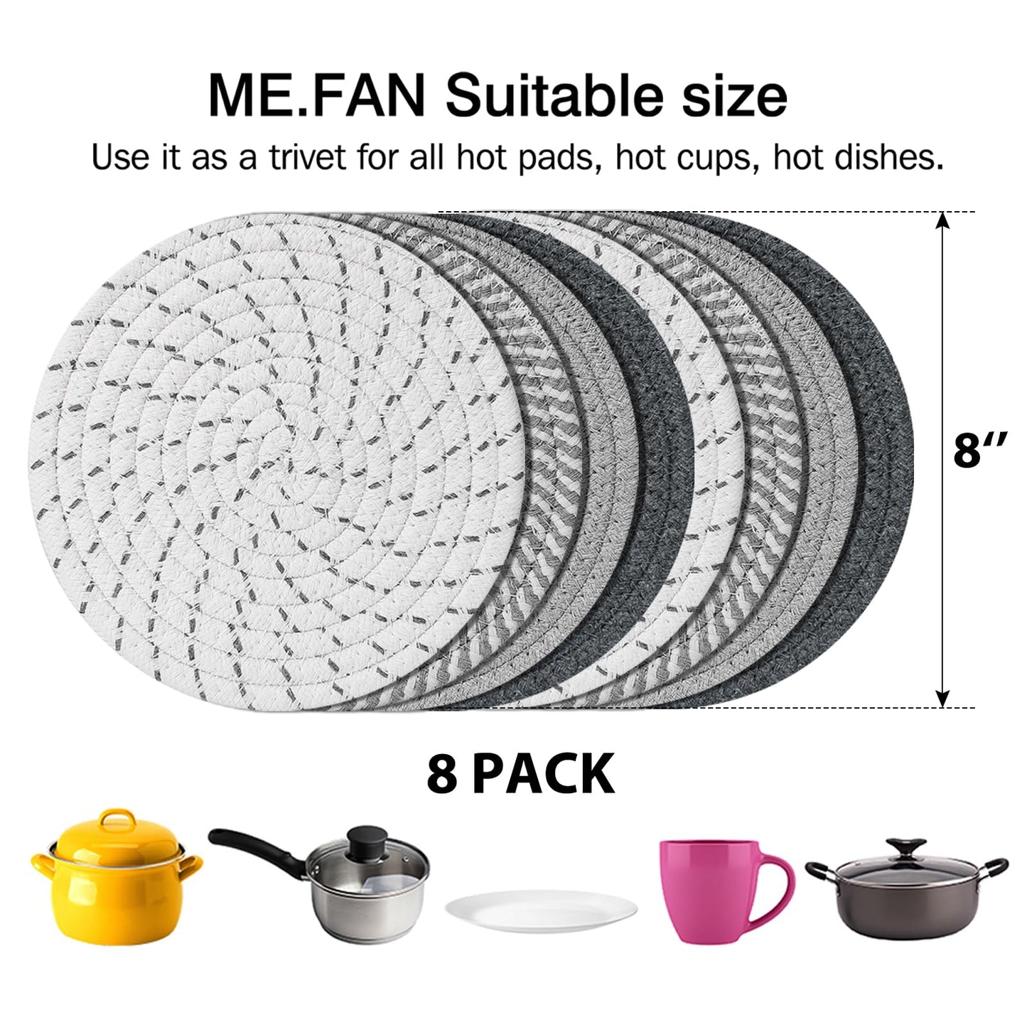 ME.FAN 8 Inch Trivets for Hot Dishs, 8 Set Cotton Thread Weave Trivets for Hot Pans, Potholders, Large Coasters, Hot Pads, Hot Mats to Protect Desktop & Countertop, Kitchen Essentials Grey