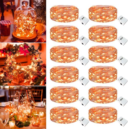 Fairy Lights 12 Pack - 7ft 20 LED Battery Operated Twinkle Lights | Waterproof Mini String Lights for DIY Party & Wedding Decor - Orange