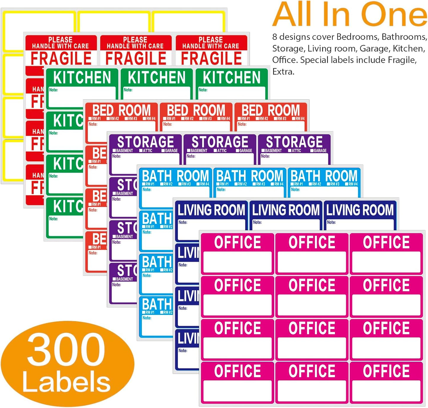 Large Home Moving Packing Box Labels - 300 Count | Color-Coded for 3-4 Bedroom House with Writable Notes