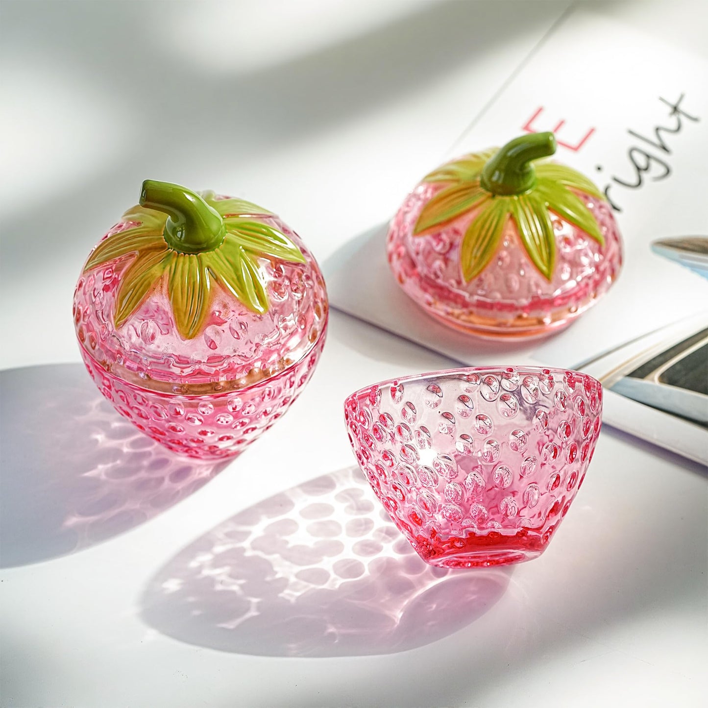 kanpura Pink Strawberry Candy Jar with Lid Small Cute Crystal Candy Dish Set of 2 Glass Decorative Container for Sugar, Cookie, Nuts Valentines Day Gift for Women (3.5 oz)