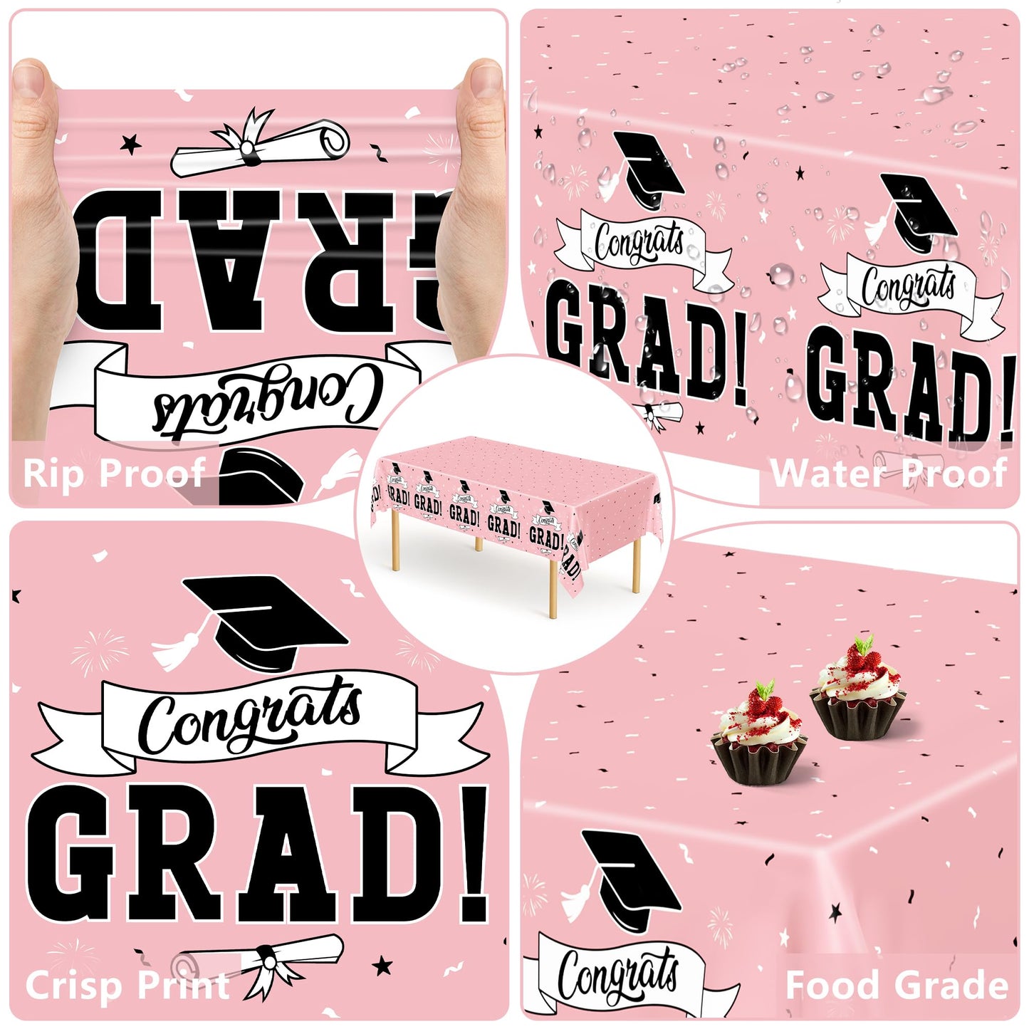QZYL 2 PCS Graduation Tablecloth, 108" X 54" Pink Graduation Decorations 2026, Disposable Plastic Tablecover for Class of 2026 Congrats Grad, Rectangle Table Cloths for Grad Decor Party Supplies