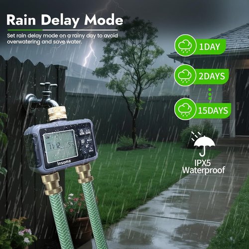 Insoma Water Timer - Brass Inlet & Outlet | 2-Zone Outdoor Hose Timer for Garden with Auto/Manual/Rain Delay