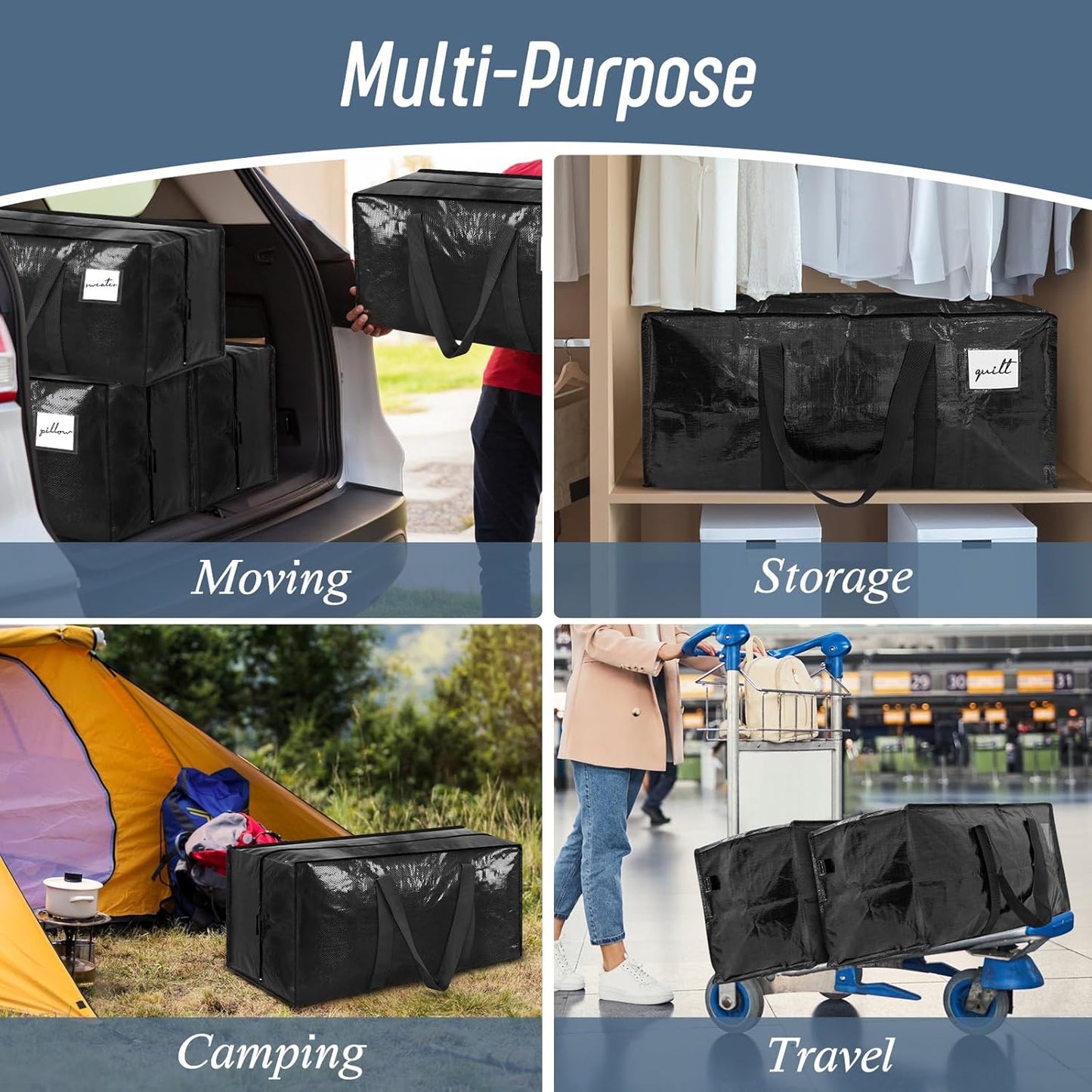 Skiennix 6 Pack Extra Heavy Duty Moving Bags - Durable Storage Totes with Strong Zipper & Comfortable Handles | Black