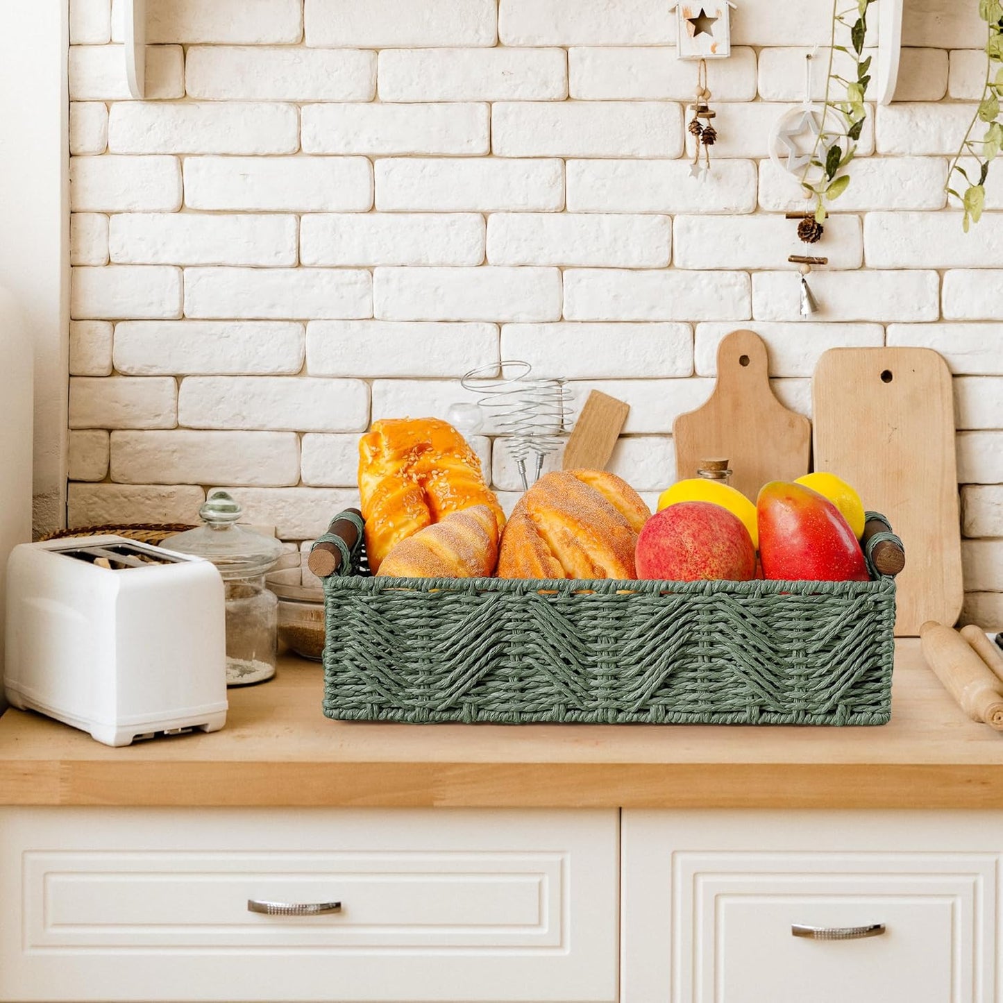 Skiennix Bathroom Baskets - Decorative Organizing Storage with Handle | Green Countertop Set
