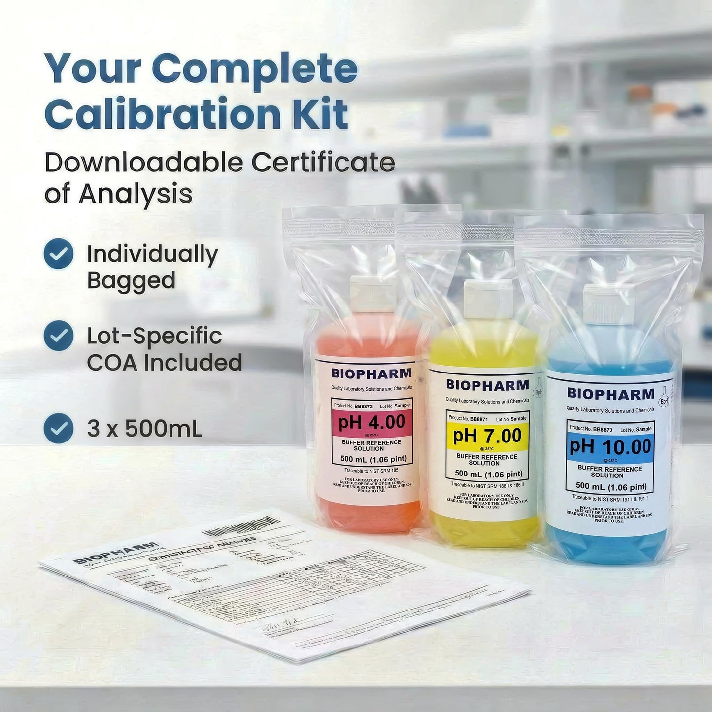 pH Buffer Calibration Solution Kit 3-Pack: pH 4.00, pH 7.00, pH 10.00 Buffers — 250 ml (8.4 fl oz) Each — Color Coded — NIST Traceable for All pH Meters