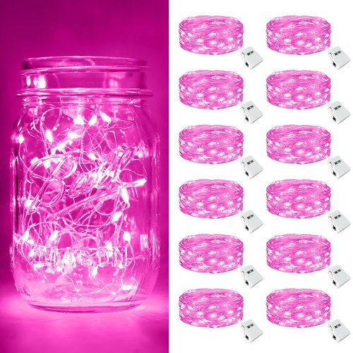 btfarm Valentine's Day 12 Pack Pink Fairy Lights Battery Operated 3 Modes, 7ft 20 Led Twinkle String Lights Waterproof, Bulk Small Mini Light for Mason Jars Christmas Vases Wedding Table Decorations