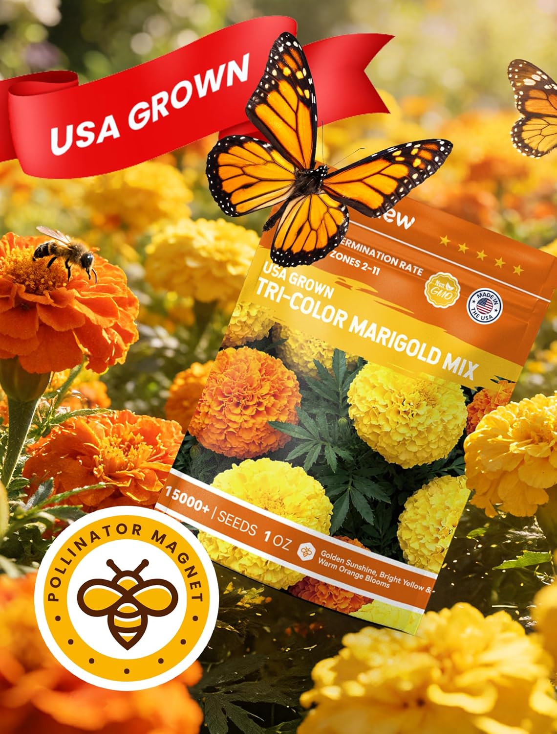 Tri-Color Marigold Seeds - 15,000+ Heirloom French Non-GMO Seeds | High Germination for Outdoor Gardens