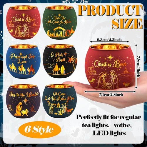 Jingmore Christmas Nativity Scene Votive Candle Holders - 6 Glass Holders with Laser Engraved Designs for Holiday Decor