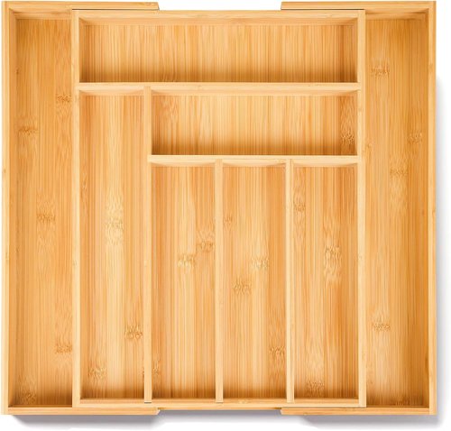Bamboo Expandable Drawer Organizer by Skiennix - Adjustable Utensil & Cutlery Tray for Kitchen, Office & Bathroom Storage