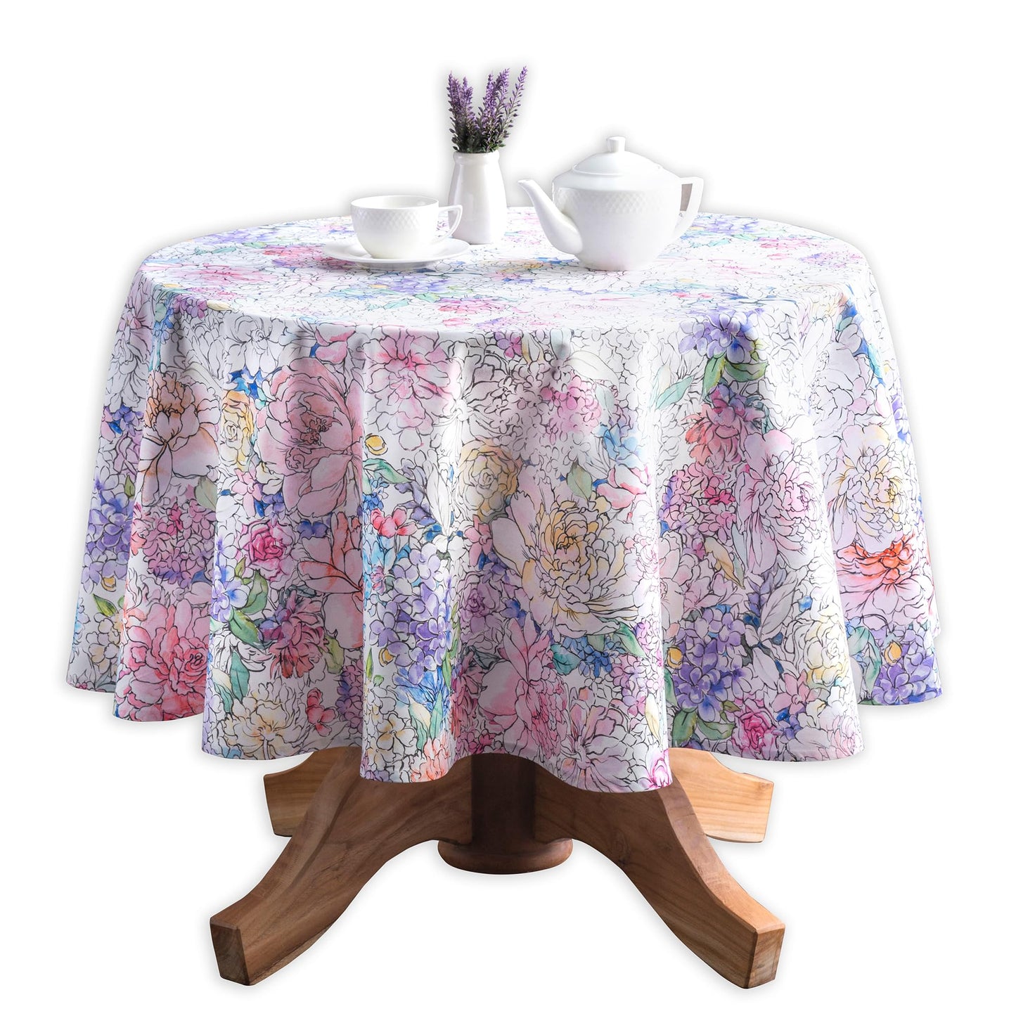 Maison d' Hermine Table Cloth Round Table 100% Cotton 63 Round Inches Tablecloth Reusable Decorative for Dining Kitchen Room Farmhouse Home Gifts for Mothers Day Spring Summer - Floral Love