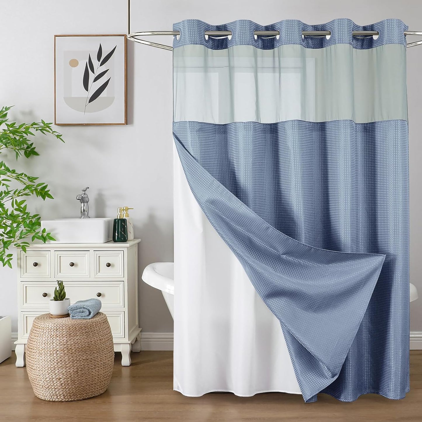 Skiennix No Hook Shower Curtain - Heavy Duty Waffle Weave with Mesh Top Window | 72 x 75 Inch, Moonlight Blue