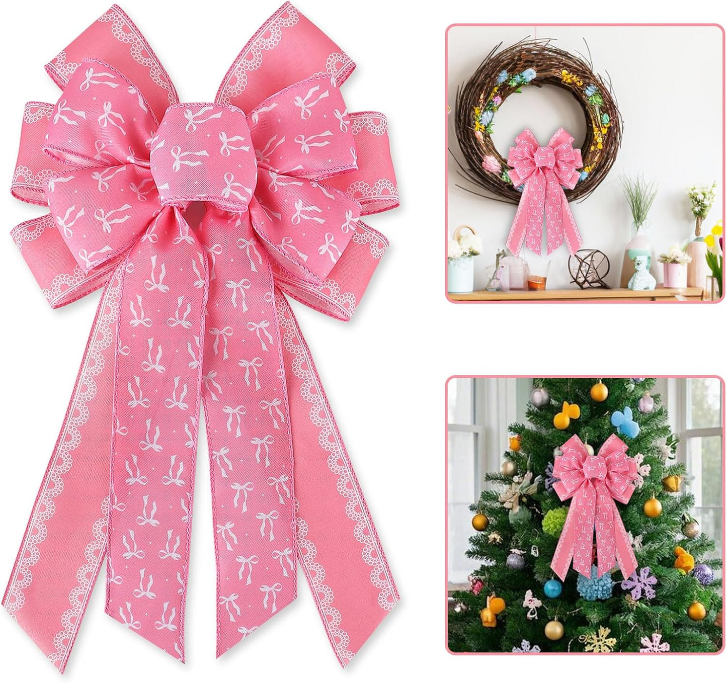 Pink Coquette Wreath Bow - Girly Lace Burlap Ribbon for Front Door & Birthday Party Decor | Large Wired Bow