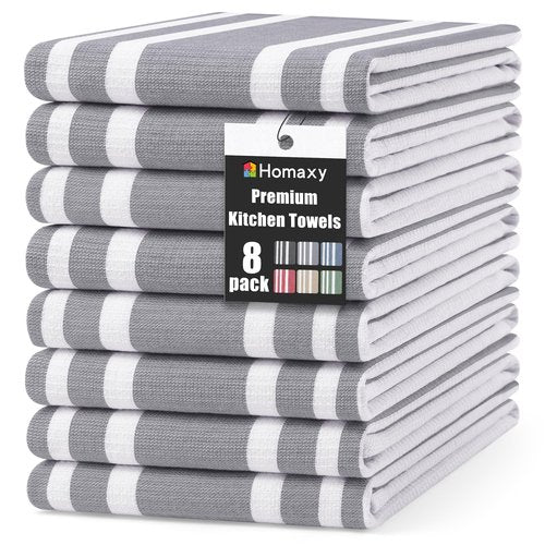 Homaxy Premium Kitchen Towels 18”x 28”, Large Cotton 380 GSM Kitchen Hand Towels, Stripe and Terry Dish Towel, Highly Absorbent Tea Towel Set with Hanging Loop, 8 Pack, Grey