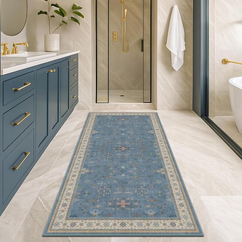 Hazo Haus Boho Kitchen Rug Runner - Light Blue Non-Slip Floral Design | Washable 2x6 for Bathroom & Hallway