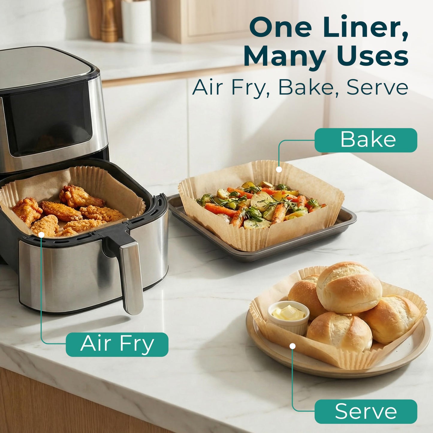 Cathy Yoder's AirFryer Paper Liners, 125 PCS 8-inch Square Air Fryer Liners Disposable, Premium, Food-Grade Easy Cleanup Air Fryer Parchment Paper Sheets, Airfryer Liner for 5-8QT, Baking & Roasting