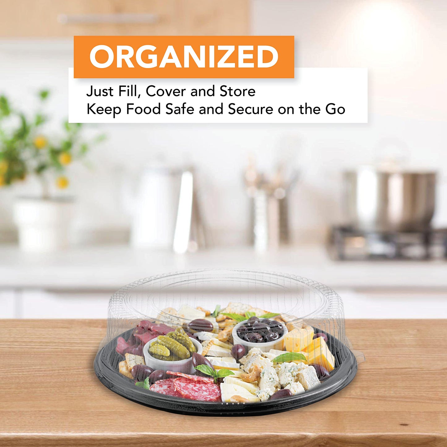 Party Essentials N121721 Hard Plastic Tray With Clear Dome Lids, 12", Black