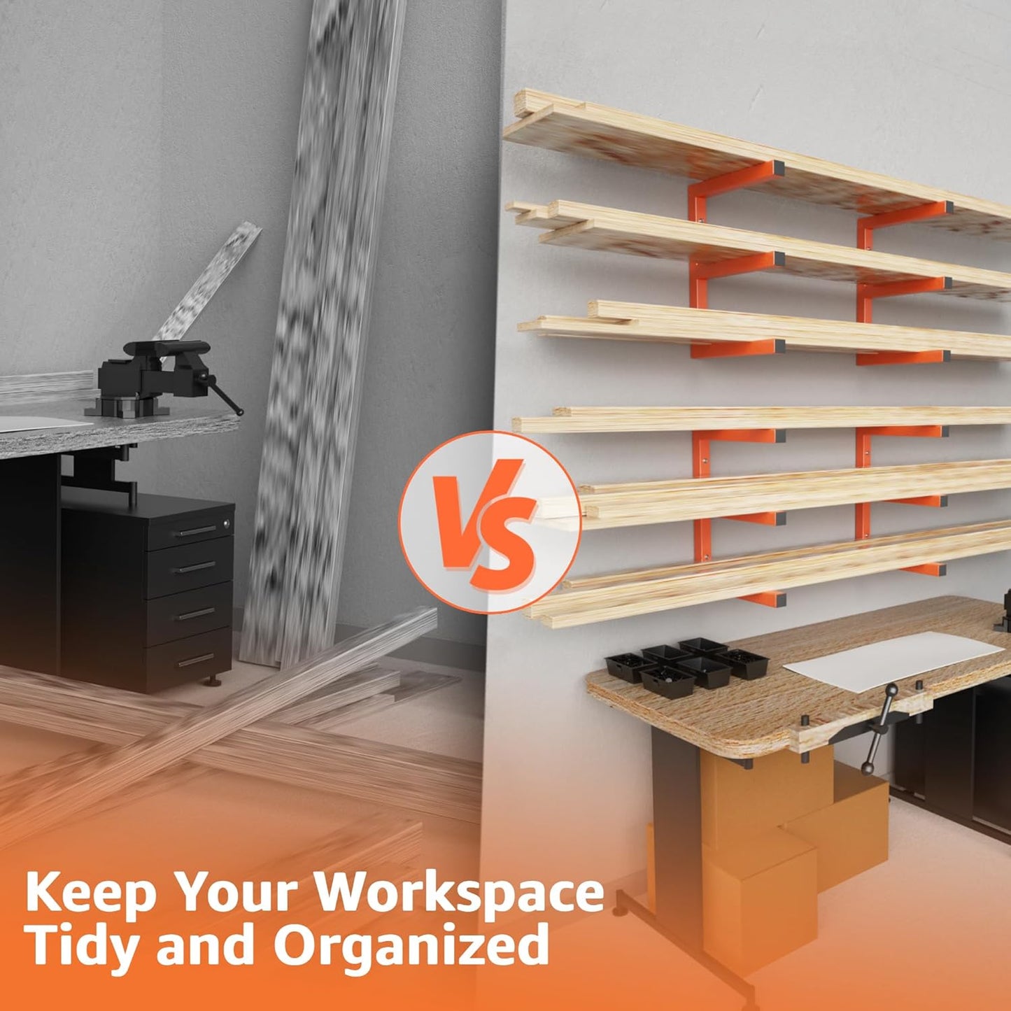 YYR Wood Organizer - Heavy Duty Metal Lumber Storage Rack | 6-Level Wall Mount Holds 1200 LBS - Orange