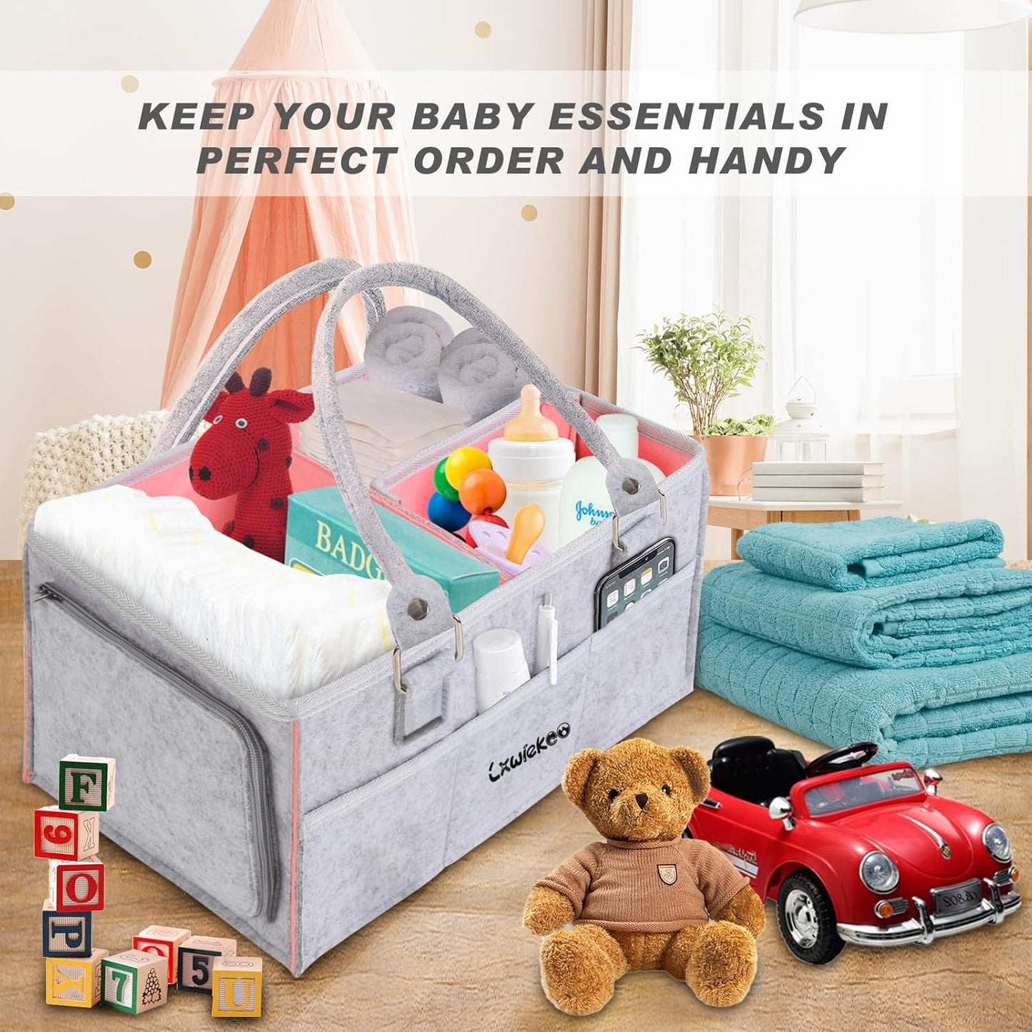 Large Baby Diaper Caddy Organizer - Portable Nursery Storage Tote for Changing Table & Car | Perfect Baby Shower Gift