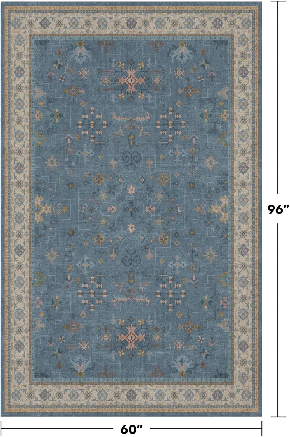 Skiennix 5x8 Boho Eclectic Area Rug - Modern Low-Pile Blue Carpet for Living Room, Bedroom & Nursery