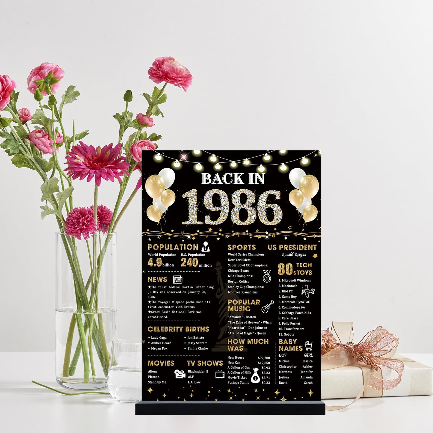 Roetyce 40th Birthday Decorations Gift for Women Men, Black Gold Back in 1986 Poster Acrylic Sign Centerpiece(1PC Duplex Printing), 40th Anniversary Table Decor, 40 Years Old Birthday Party Supplies