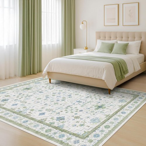 Hazo Haus Oushak Area Rug - Vintage Boho Floral Geometric Design, 5x7, Washable Non-Slip for Cozy Rooms