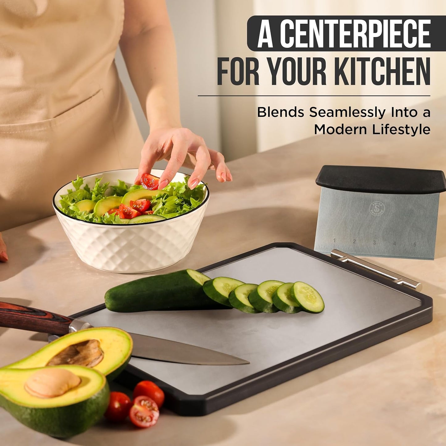 Titanium Cutting Board - Double-Sided Metal Design with Scraper | 16” x 11” Large Kitchen Prep Surface