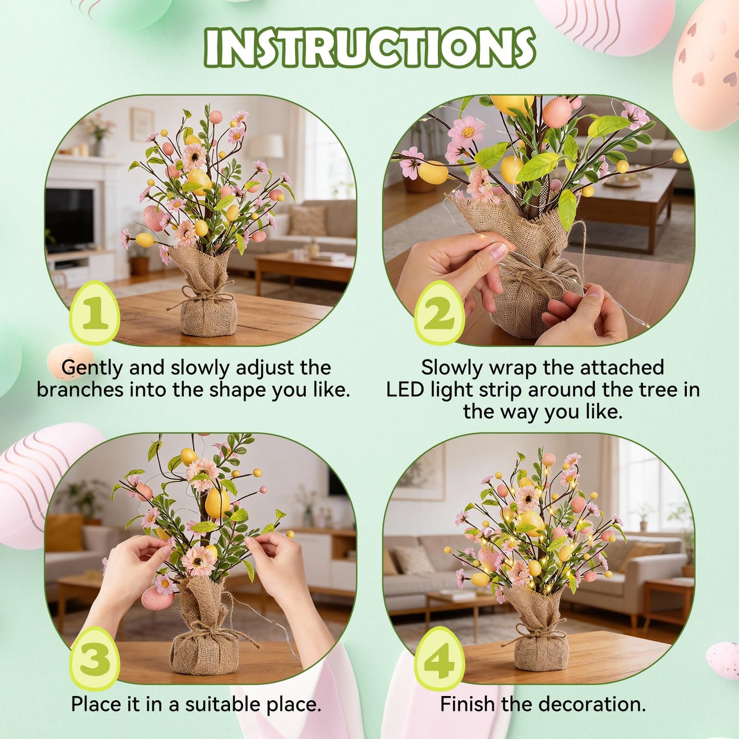 Easter Decorations, Pre-Lit Easter Egg Tree Tabletop Decor with Delicate Ornaments, for Home Easters Party Wedding Holiday Spring Summer Kitchen Dining Table Decor (Pink)
