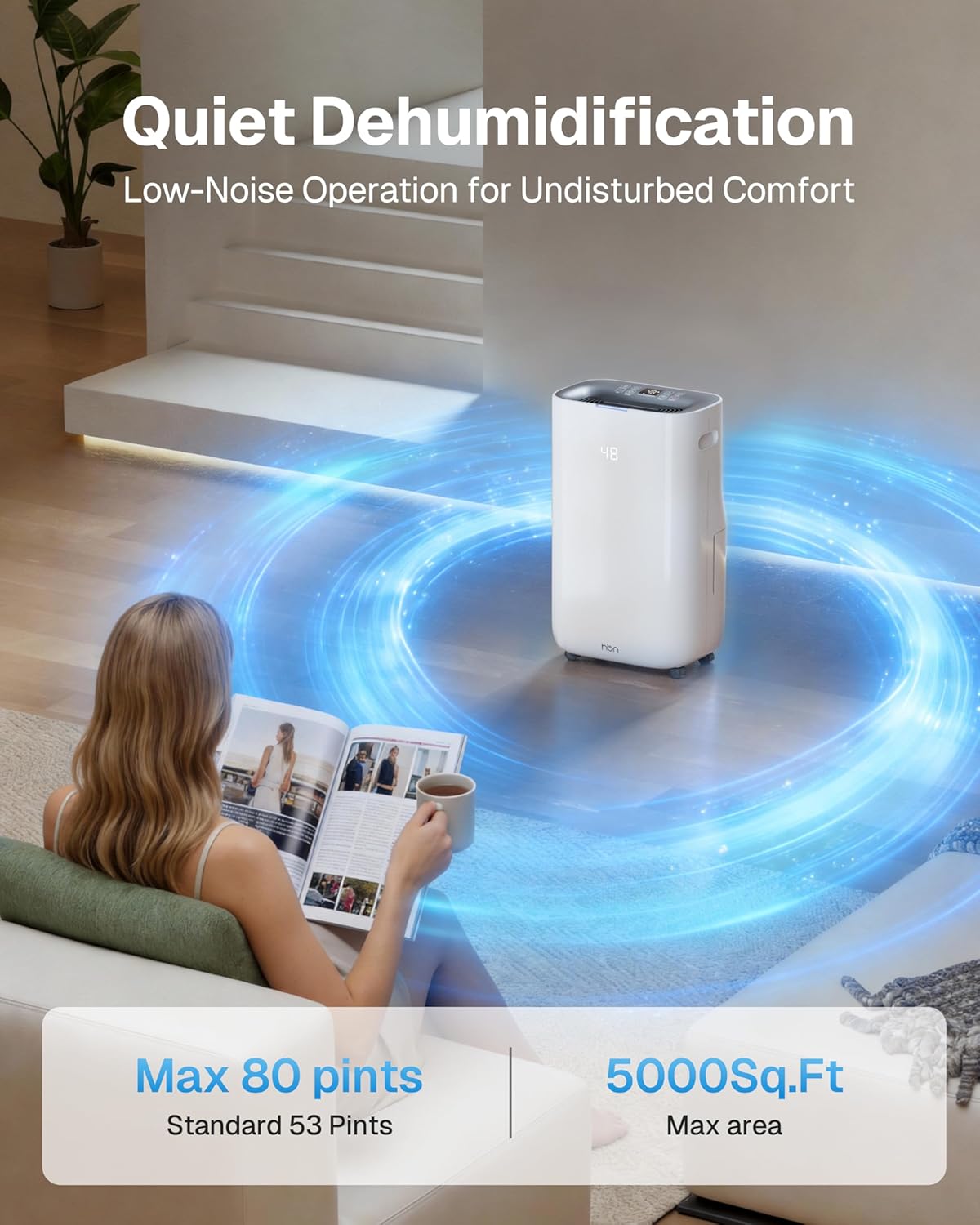 Skiennix 4500 Sq.Ft Dehumidifier - Smart Humidity Control | 80 Pint/Day, 1.71 Gallon Tank, 24h Timer