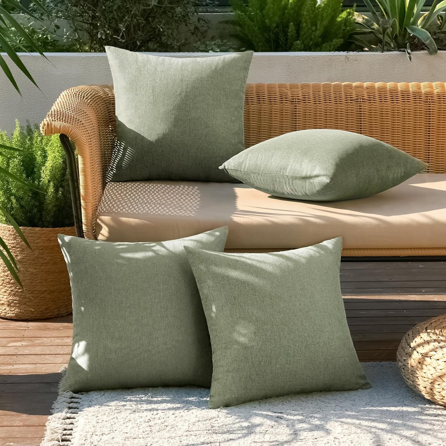 MIULEE Decorative Outdoor Throw Pillow Covers - Waterproof Linen Cushion Cases | Pack of 4, 18x18 Inch, Gray Green