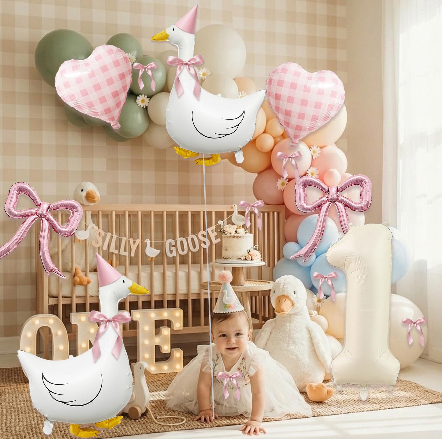 One Silly Goose 1st Birthday Decorations Girl – 40 Inch Number 1 Balloon, Goose Balloons with Pink Bow & Hats, Cute Baby Girl First Birthday Party Supplies