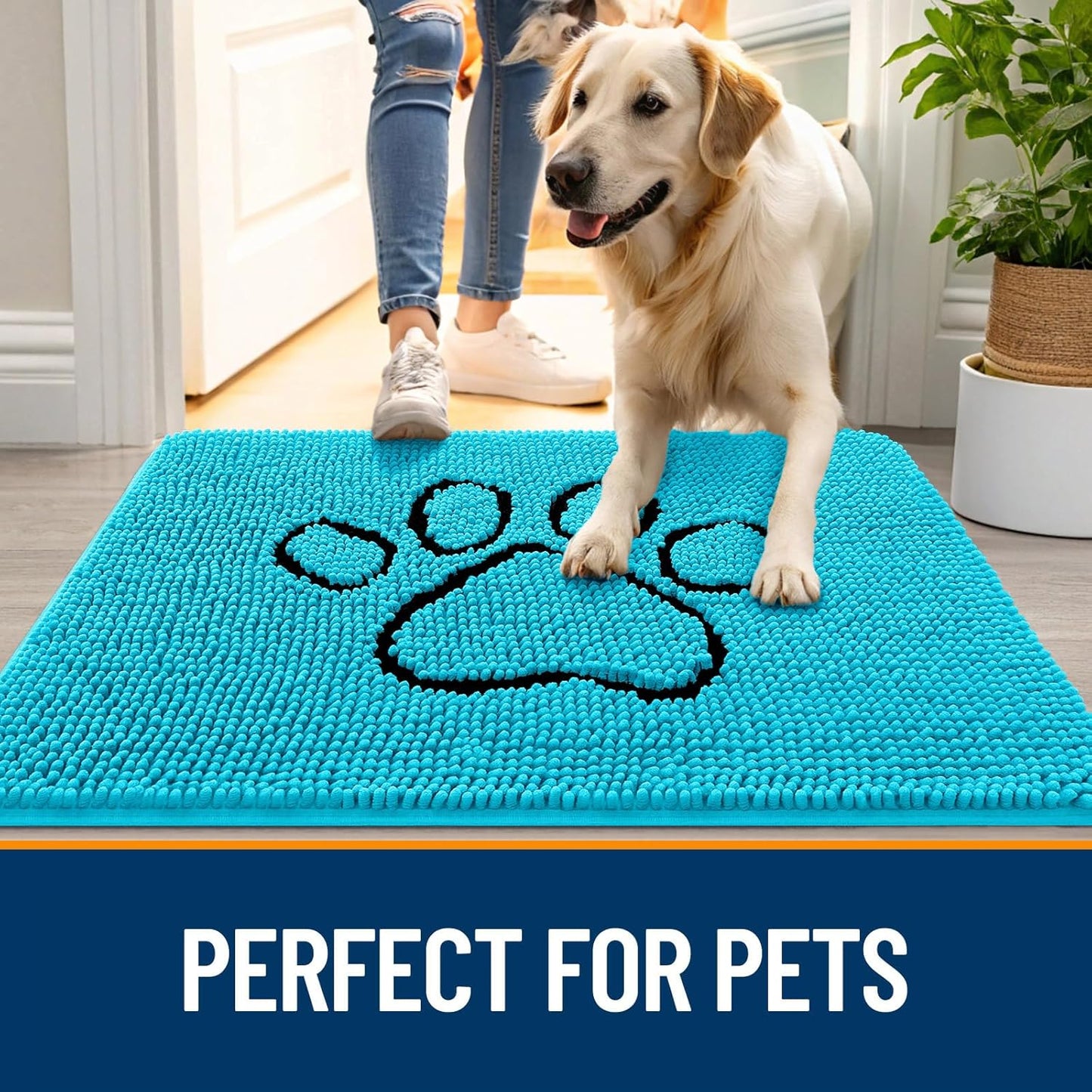 OLANLY Dog Door Mat - Absorbent Non-Slip Mud Mat for Paws | Aqua Blue, 30x20 Inches, Quick Dry Chenille