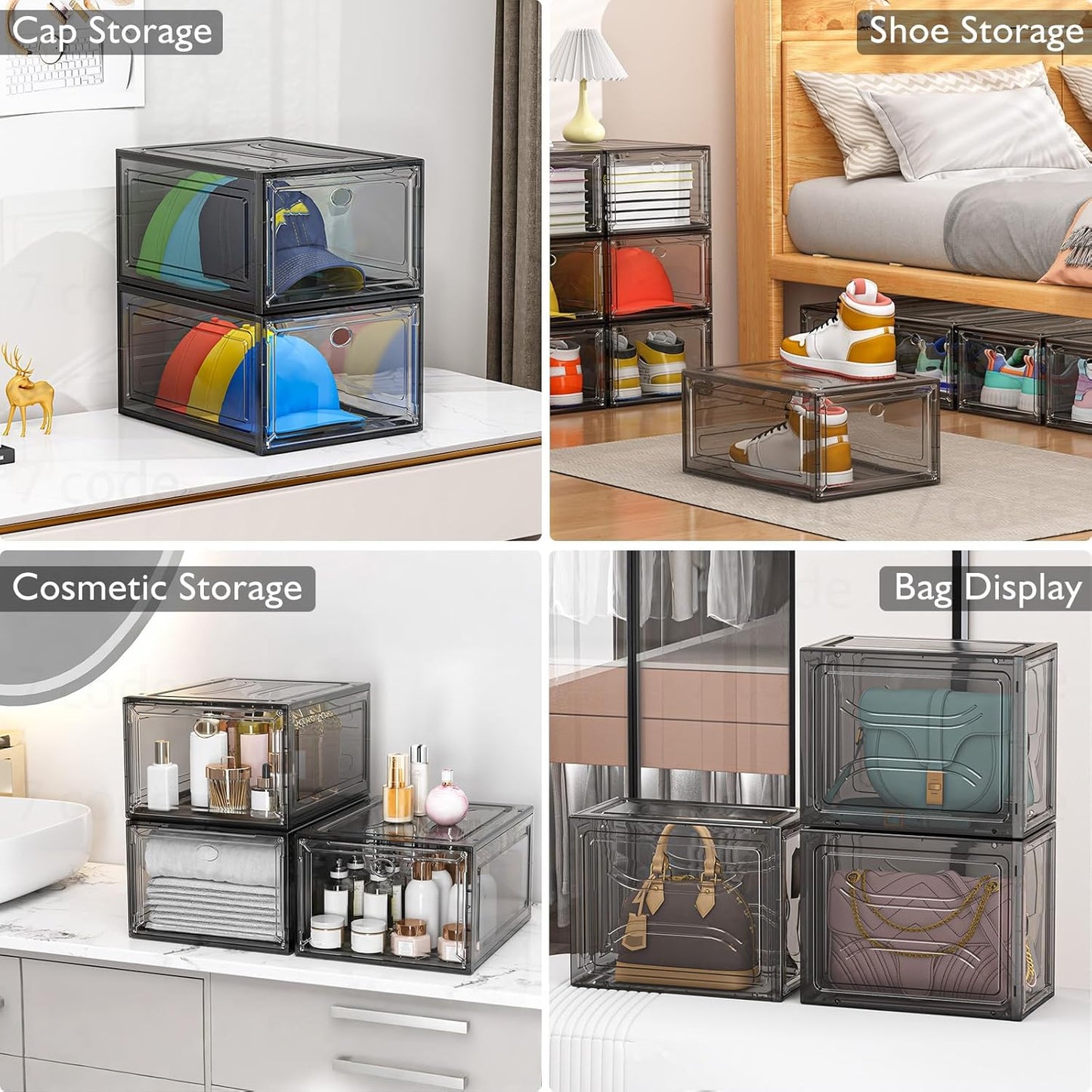 Skiennix Clear Shoe Storage Organizer - Thicken & Sturdy Stackable Boxes | 6 Pack, Black with Magnetic Door