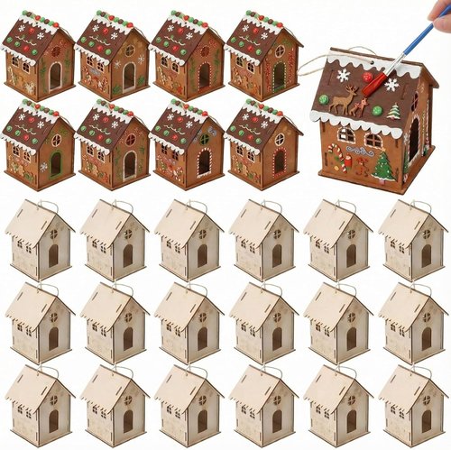 DoubleFill 36 Pcs Wooden Gingerbread House Craft Kit - DIY 3D Xmas Village for Kids, Perfect Winter Art Gift
