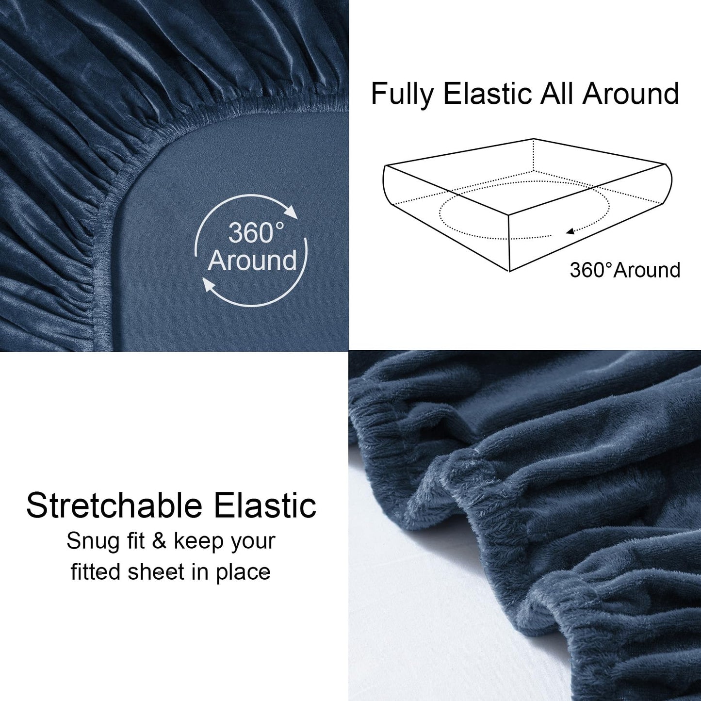 PHF Ultra Soft Velvet Fitted Sheet Twin Size, 16" Deep Pocket with Wider Stronger Elastic Band, Easy Fit Easy Care, 1 Pack Cozy Comfy Flannel Bottom Sheet for All Seasons, No Pillowcases, Navy Blue