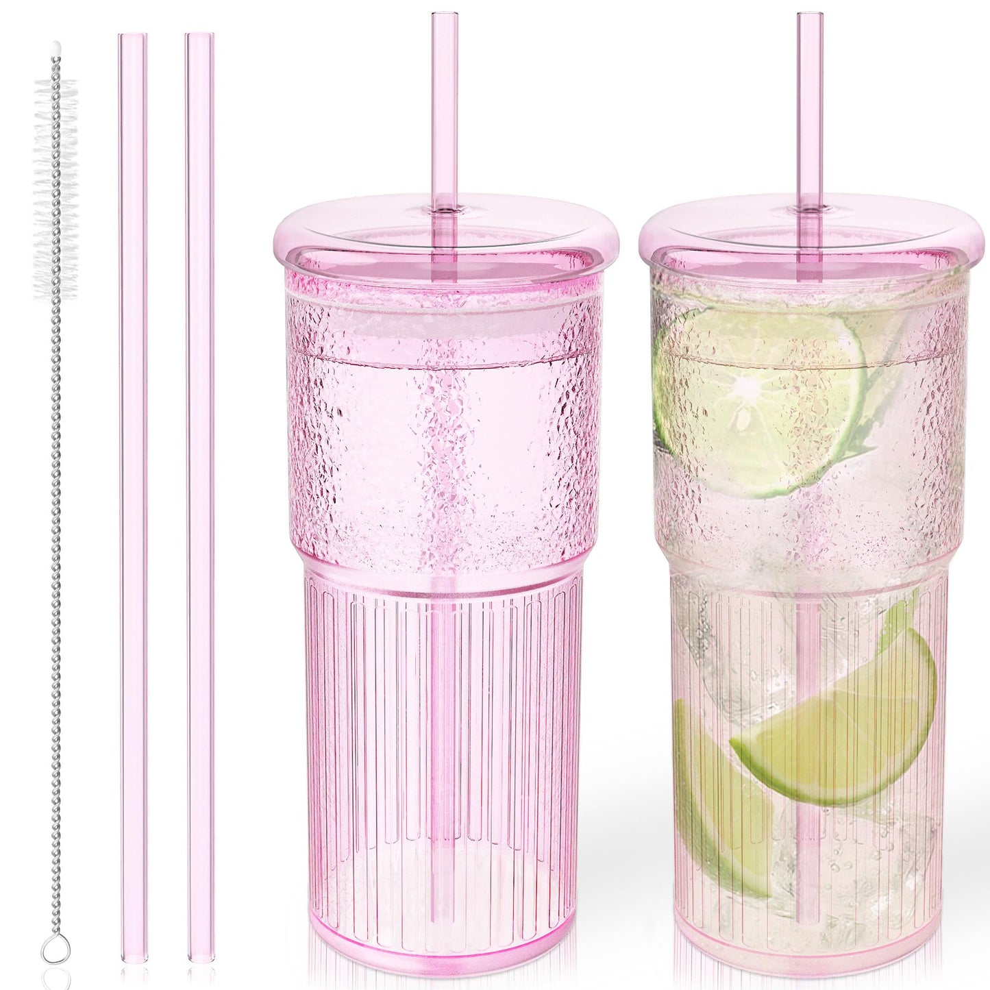 Luiaiog Glass Cups with Lids and Glass Straws, High Borosilicate 20OZ Pink Tumblers (2Pcs) for Coffee, Tea, Juice, Smoothies, Hot & Cold Drinks at Home/Office