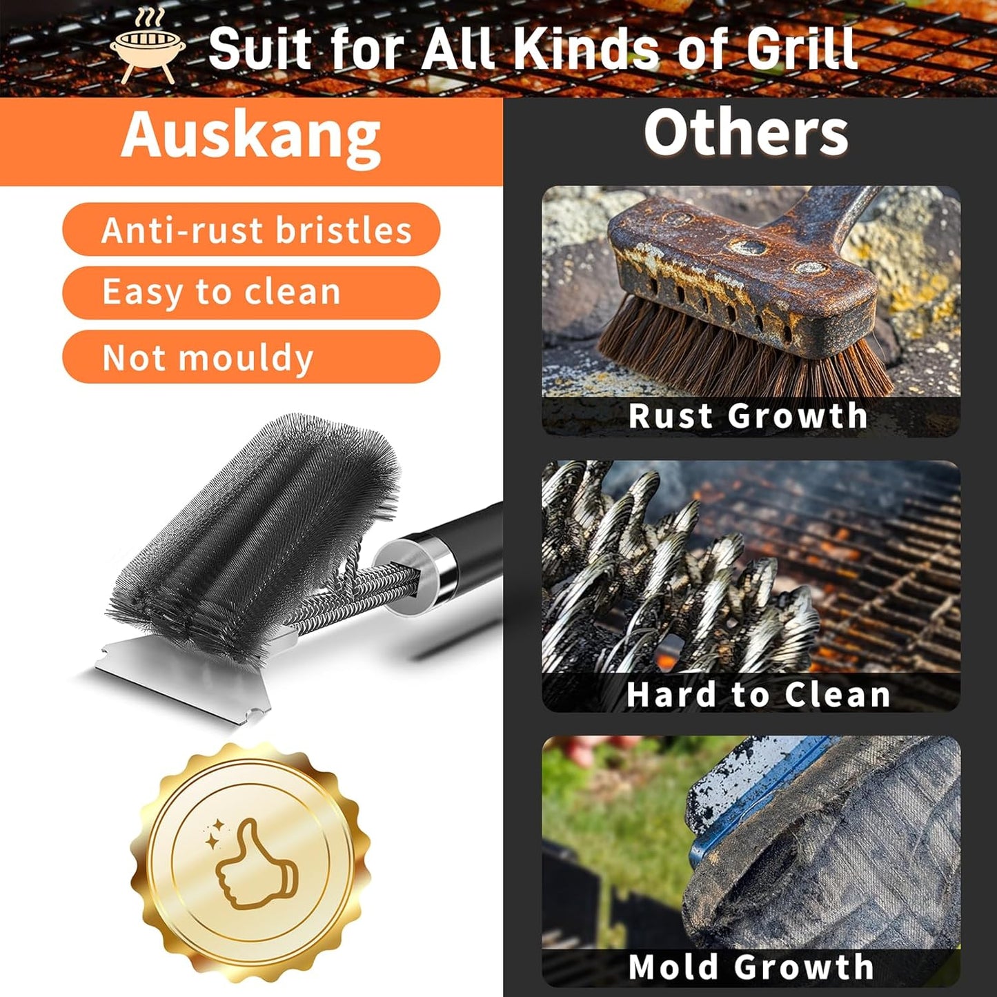 Skiennix Grill Brush and Scraper - 18" Adjustable Handle for Safe BBQ Cleaning | Extra Strong Tool for Gas & Charcoal Grates