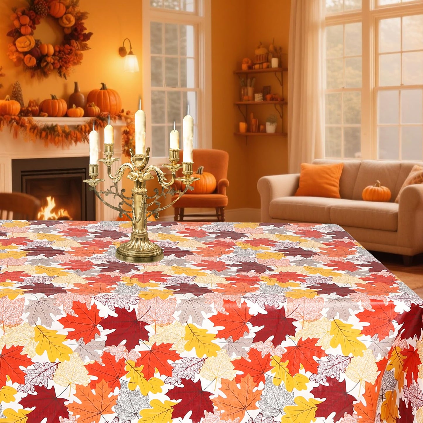 NESAYVER Fall Vinyl Tablecloth with Flannel Backing for Rectangle Tables 52x70 Inches,Waterproof Wrinkle & Stain Resistant Thanksgiving Decorations Fit for Dining Parties Buffets Weddings,Maple Leaves