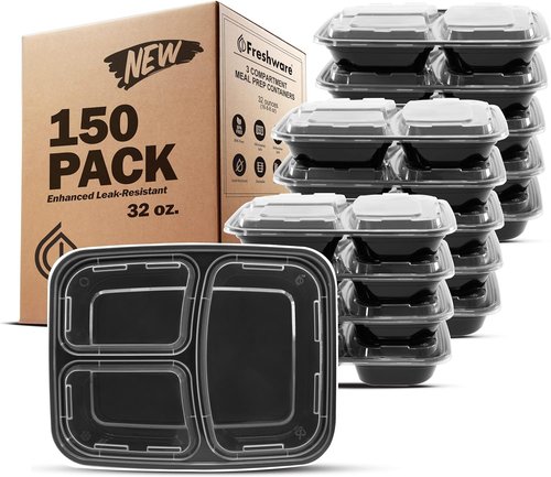 Freshware Meal Prep Containers - 150 Pack | 3-Compartment, BPA-Free, Stackable, Microwave & Dishwasher Safe (32 oz)