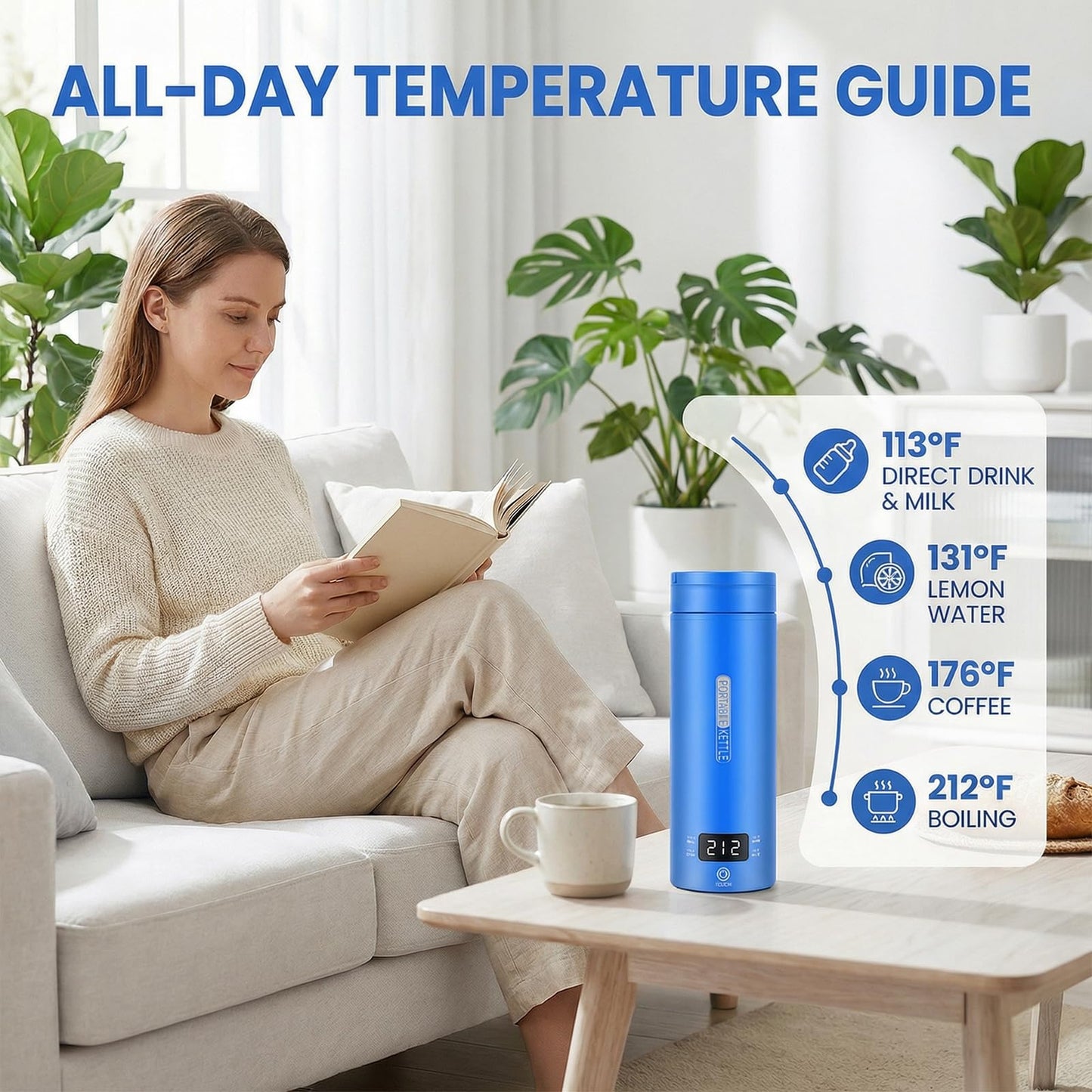 Rzlinn Travel Kettle,Portable Electric Kettle with Temperature Control, Brews Two Cups of Coffee, 316 Stainless Steel Inner Tank, Elegant Blue