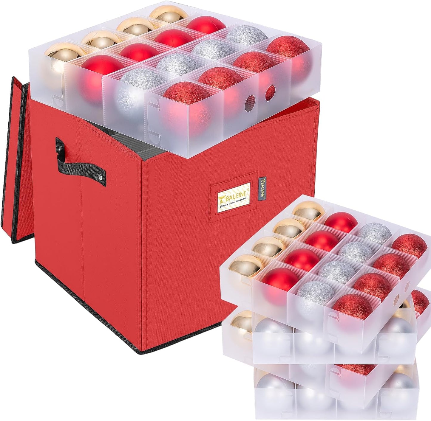 BALEINE Christmas Ornament Storage Box - Premium Container with Dividers for 64 Balls | Red Hard Case