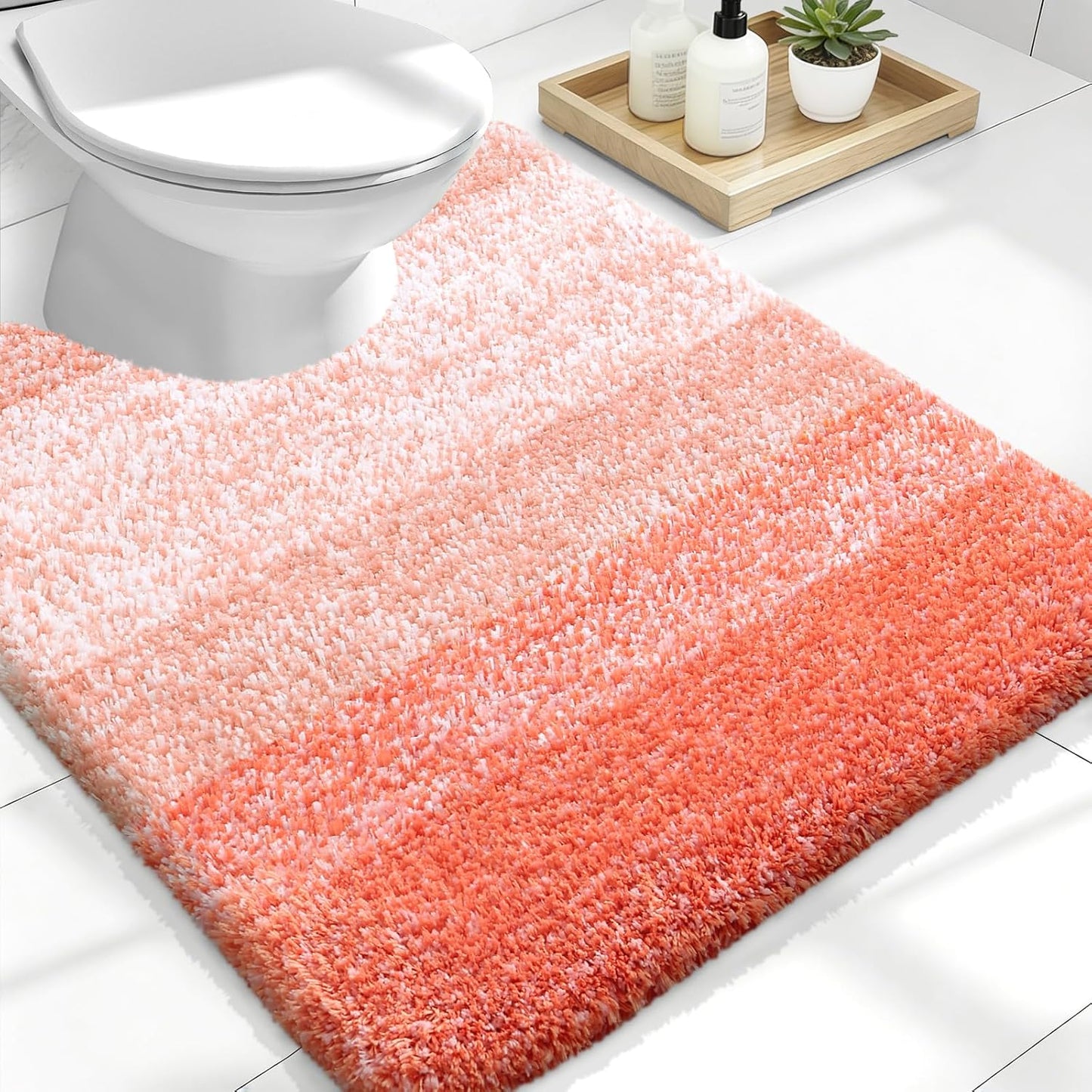 OLANLY Luxury U-Shaped Toilet Rugs - Extra Soft, Absorbent Microfiber Bath Mat | 24x20, Non-Slip Coral