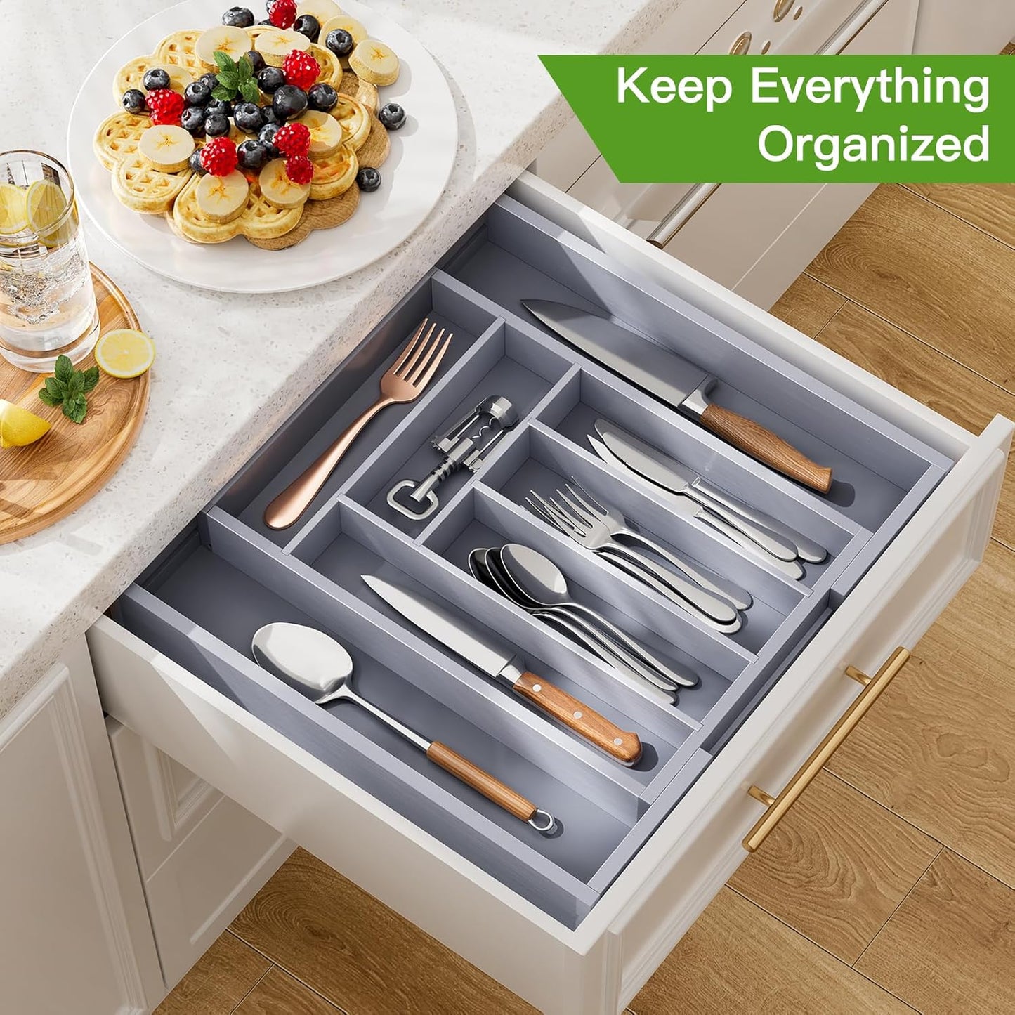 Pipishell Bamboo Drawer Organizer - Adjustable Utensil Holder & Cutlery Tray | Grey, Expandable Design