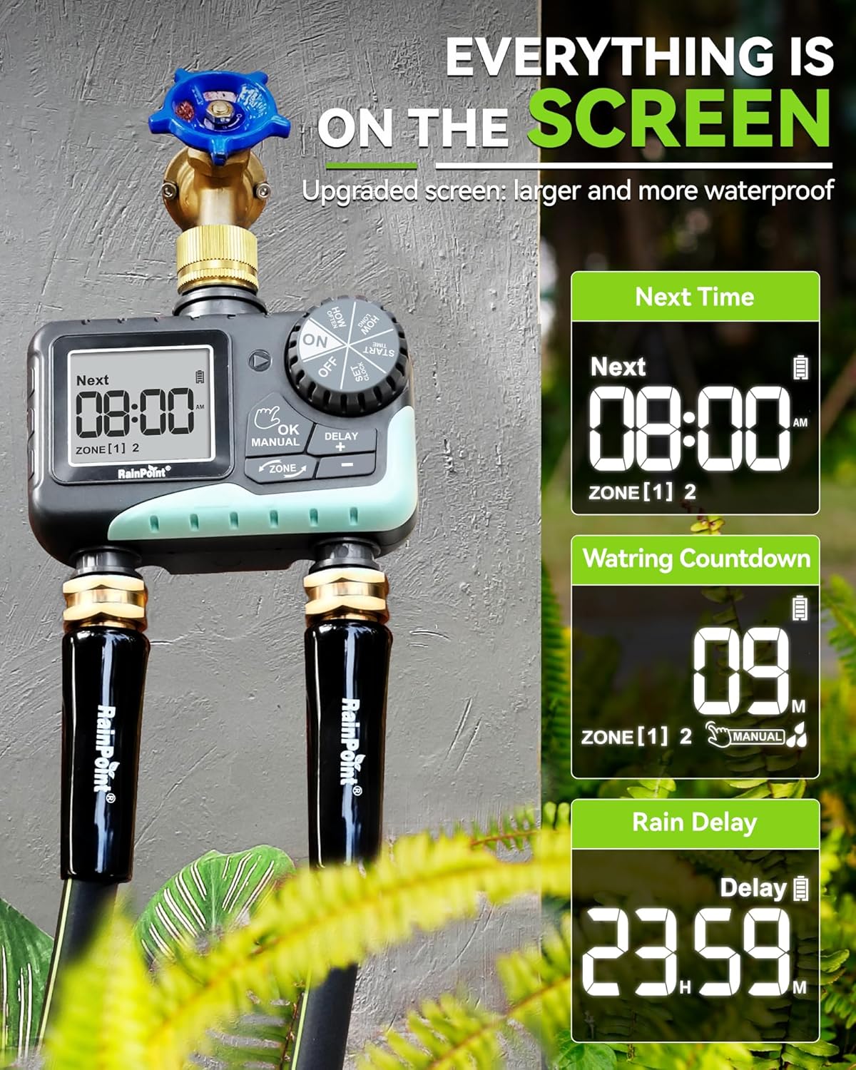RAINPOINT Water Timer for Garden Hose - Programmable Sprinkler Timer with Brass Swivel | 2 Outlets for Automatic Irrigation